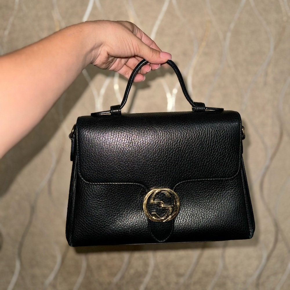 Gucci Black Leather Dollar Interlocking G Top Handle Bag